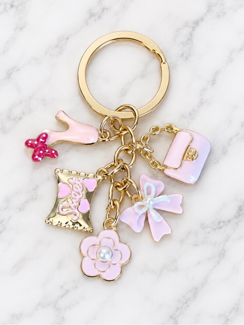 Bag Charm/Keyring-Pink and Gold Enamel Glam Girl Charms-Gold Hardware